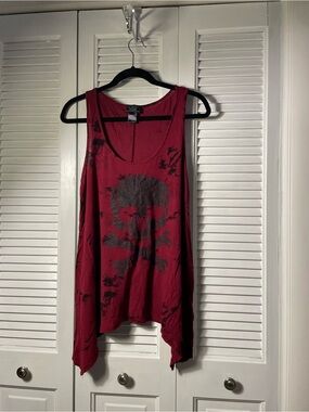 898. Midnight Hour Skull & Crossbones Print Wine Red Asymmetrical Tank Top